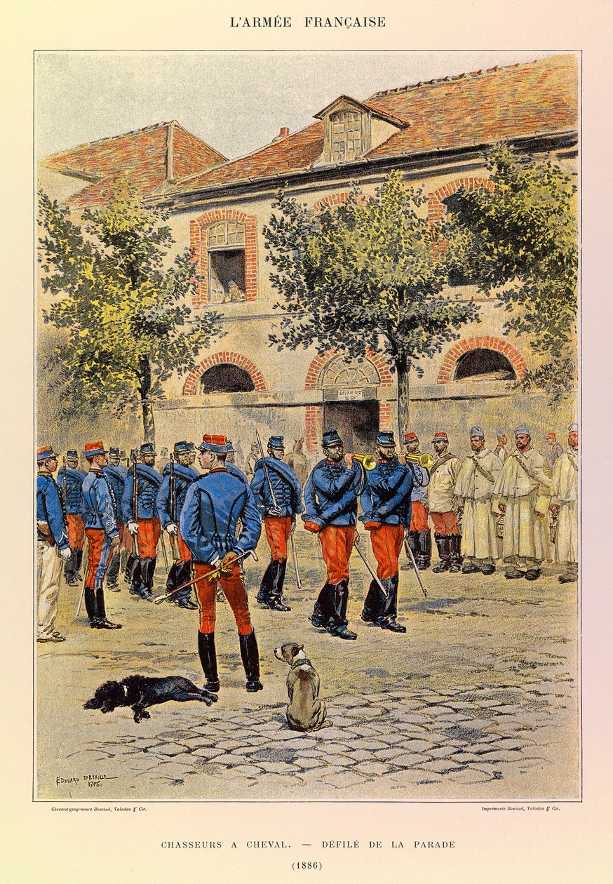 Typy i mundury francuskiego Armee kapitana Julesa Richarda, zilustrowane przez Edouarda Detaille (1848-1912): Hunters a Horseback; Defile de la parade en 1886, Collection Partiale autorstwa Jean Baptiste Edouard Detaille