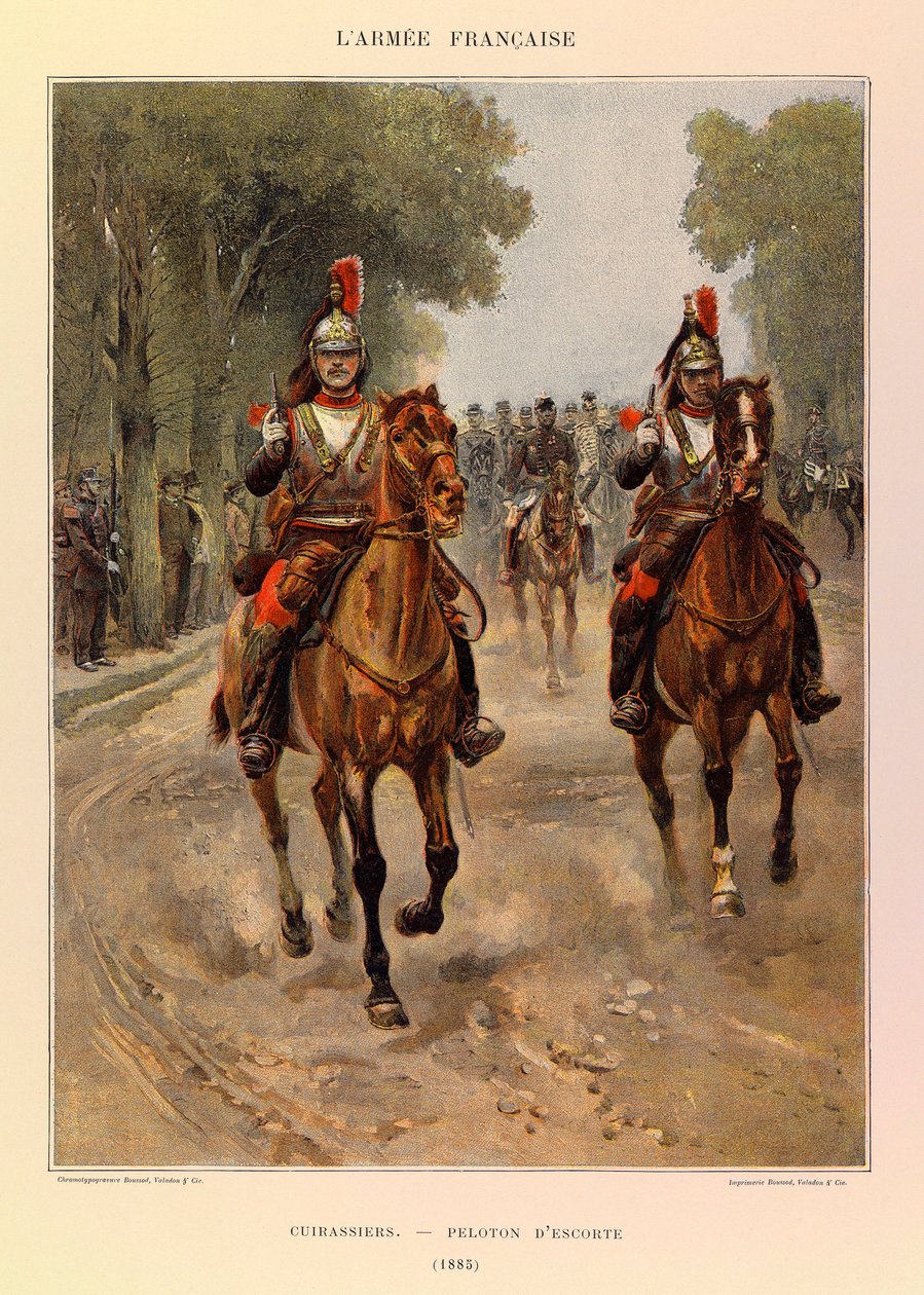 Typy i umundurowanie francuskiego Armee kapitana Julesa Richarda, zilustrowane przez Edouarda Detaille (1848-1912): Kirasjerzy: pluton eskortowy w 1885 r., zbiory prywatne autorstwa Jean Baptiste Edouard Detaille