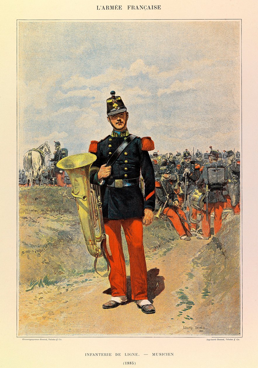 Typy i umundurowanie francuskiego Armee kapitana Julesa Richarda, zilustrowane przez Edouarda Detaille (1848-1912): Piechota liniowa: Muzyk 1885, zbiory prywatne autorstwa Jean Baptiste Edouard Detaille