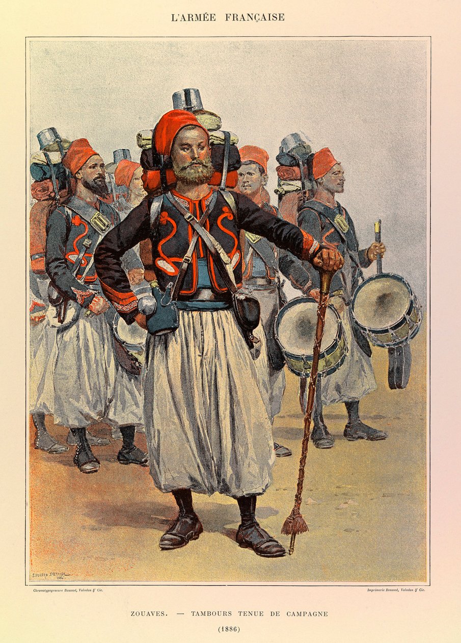 Typy i mundury francuskiego Armee kapitana Julesa Richarda, zilustrowane przez Edouarda Detaille (1848-1912): Zouaves: Drum in Country Dress in 1886, Private Collection autorstwa Jean Baptiste Edouard Detaille