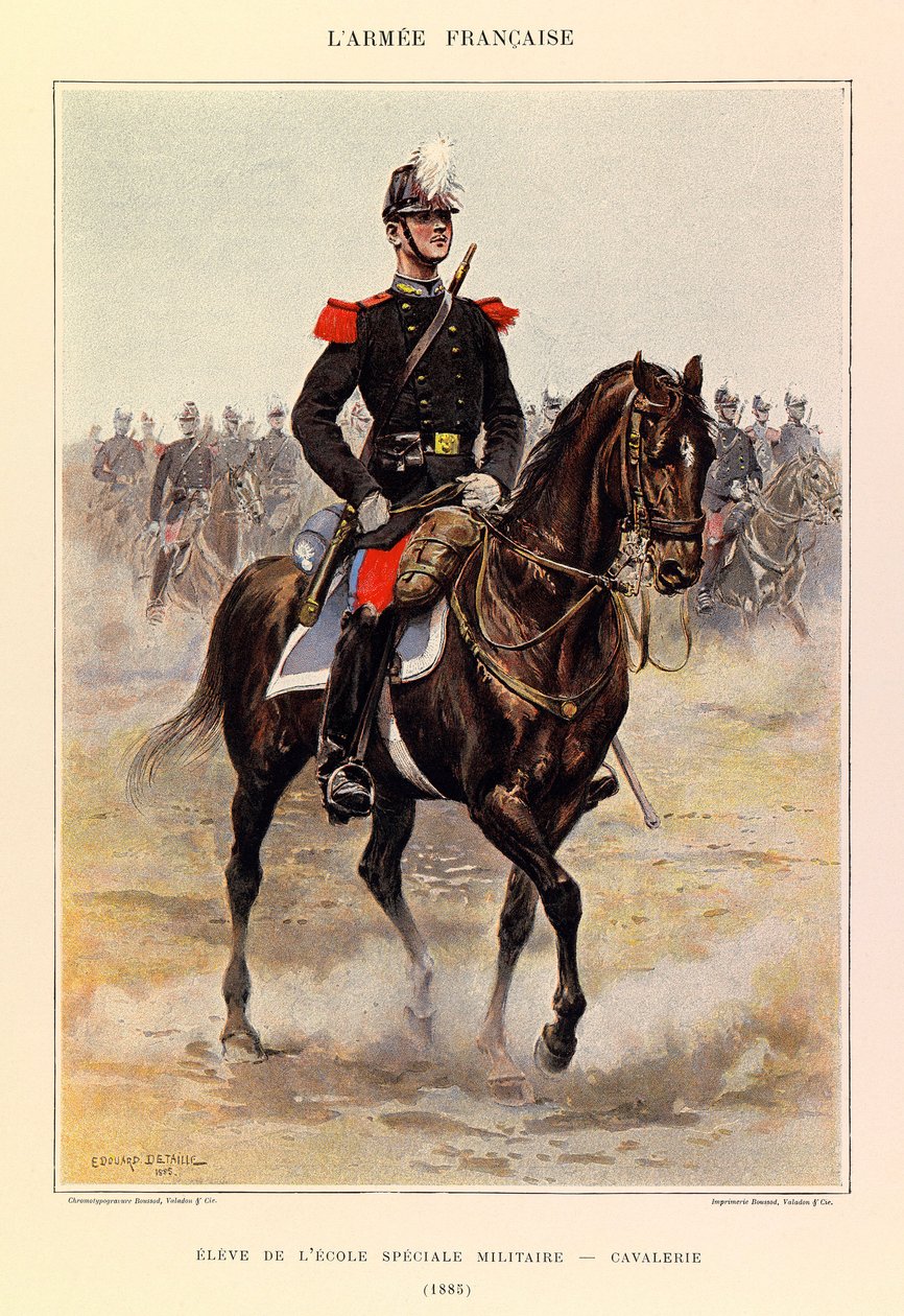 Typy i umundurowanie francuskiego Armee kapitana Julesa Richarda, zilustrowane przez Edouarda Detaille (1848-1912): Uczeń specjalnej szkoły wojskowej: Kawaleria w 1885 r., zbiory prywatne autorstwa Jean Baptiste Edouard Detaille