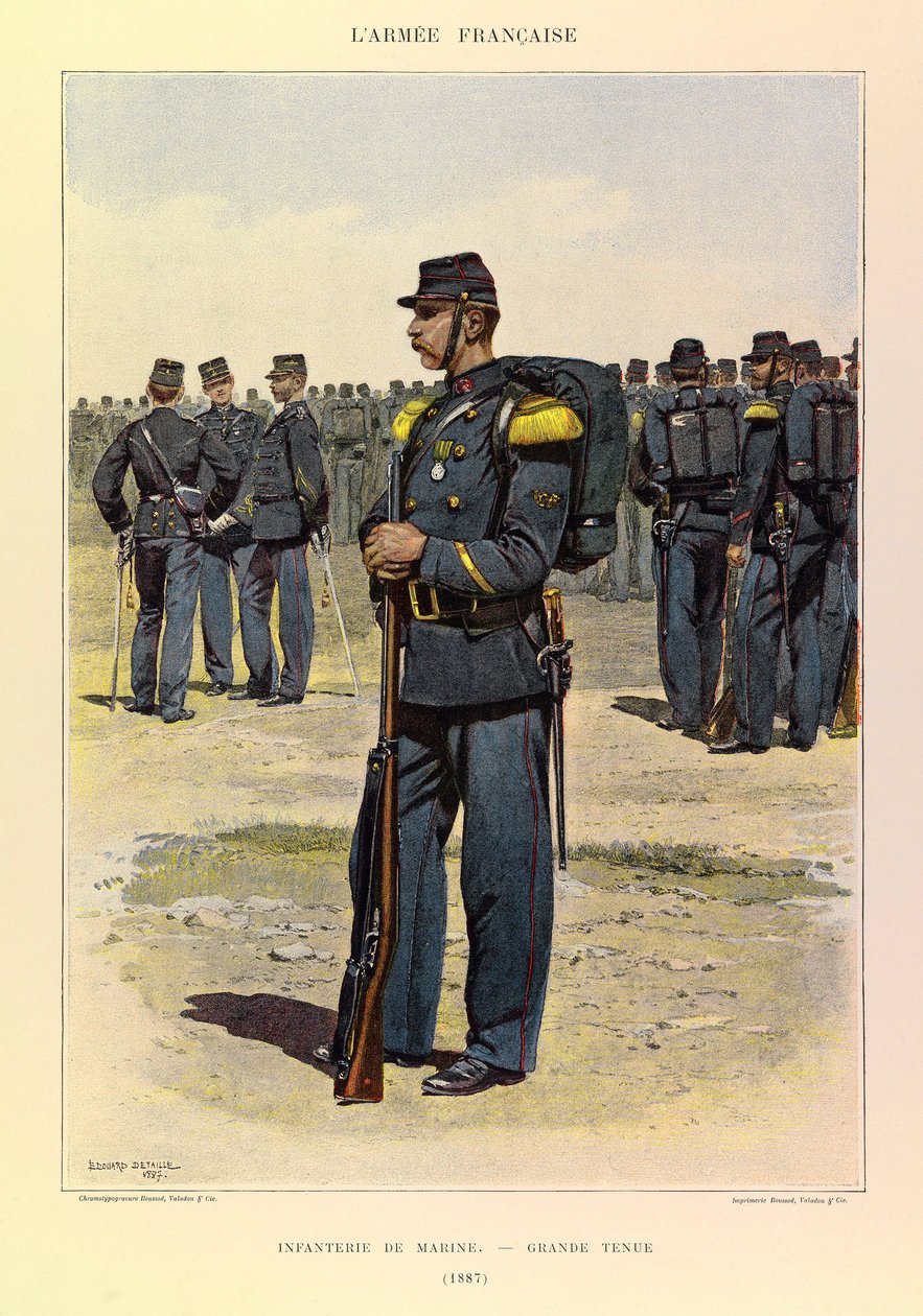 Typy i mundury francuskiego Armee kapitana Julesa Richarda, zilustrowane przez Edouarda Detaille (1848-1912): Piechota piechoty morskiej w wielkim stroju z 1887 r., kolekcja prywatna autorstwa Jean Baptiste Edouard Detaille