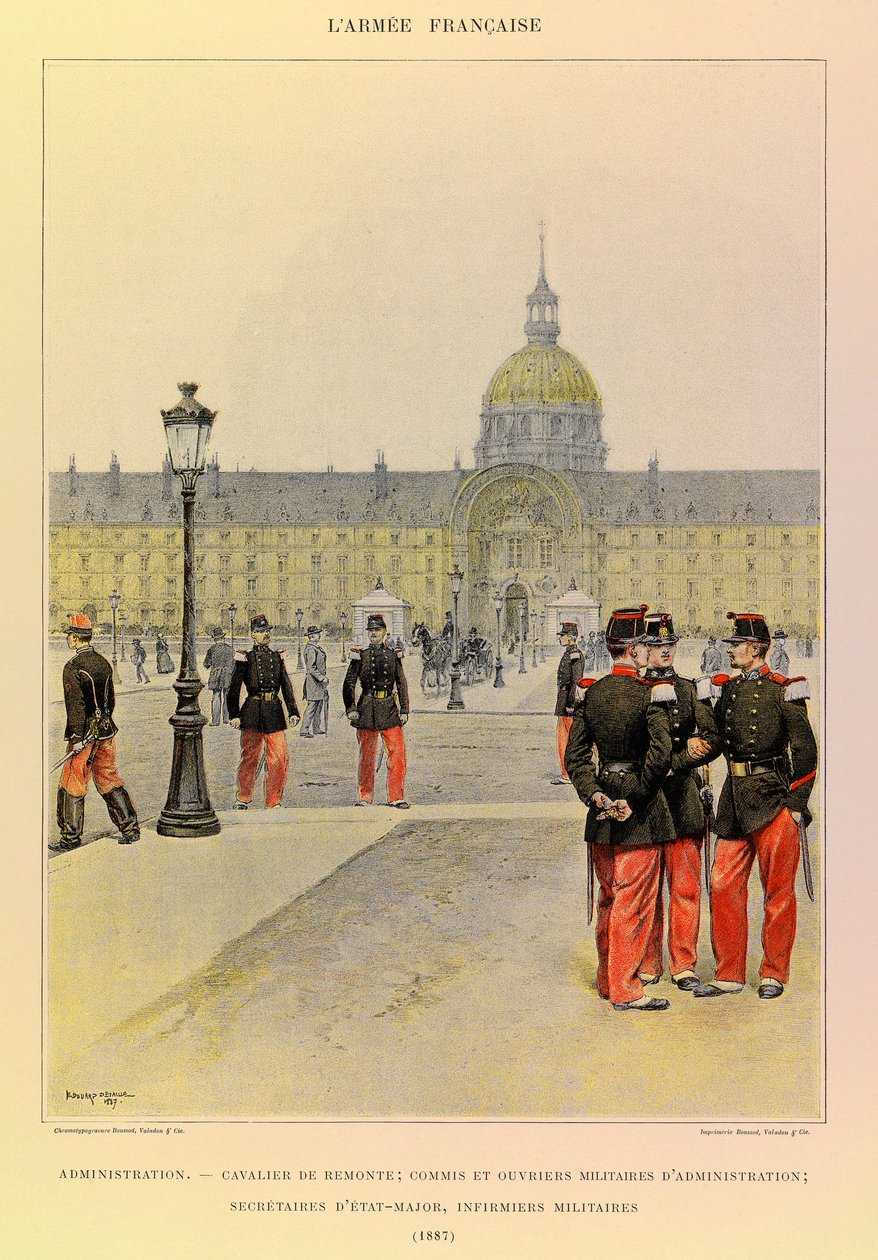Typy i umundurowanie francuskiego Armee kapitana Julesa Richarda, zilustrowane przez Edouarda Detaille (1848-1912): Administracja: Jeździec, wojskowy urzędnik i pracownicy administracyjni, sekretarze sztabowi, pielęgniarki wojskowe w 1887 r., Zbiory prywat autorstwa Jean Baptiste Edouard Detaille