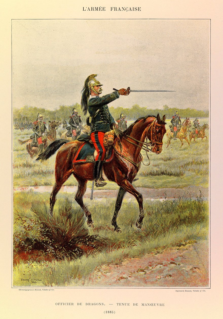 Typy i mundury francuskiego Armee kapitana Julesa Richarda, zilustrowane przez Edouarda Detaille (1848-1912): Oficer Smoków w kombinezonie manewrowym w 1885 r., Kolekcja prywatna autorstwa Jean Baptiste Edouard Detaille