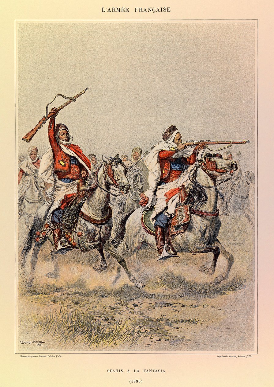 Typy i mundury francuskiego Armee kapitana Julesa Richarda, zilustrowane przez Edouarda Detaille (1848-1912): Spahis a la Fantasia in 1886, kolekcja prywatna autorstwa Jean Baptiste Edouard Detaille