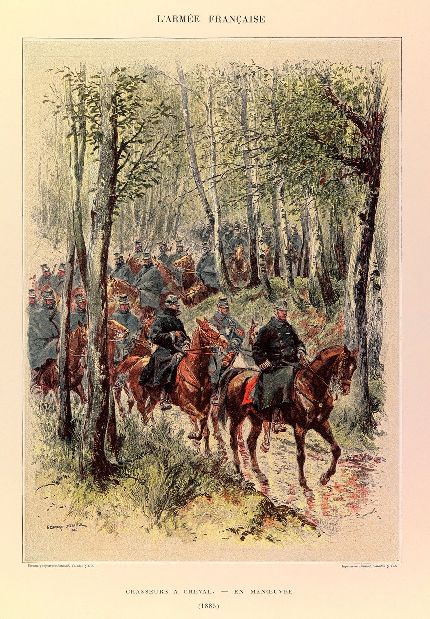 Typy i mundury francuskiego Armee kapitana Julesa Richarda, zilustrowane przez Edouarda Detaille (1848-1912): Łowcy koni w manewrach w 1885 r., Kolekcja prywatna autorstwa Jean Baptiste Edouard Detaille