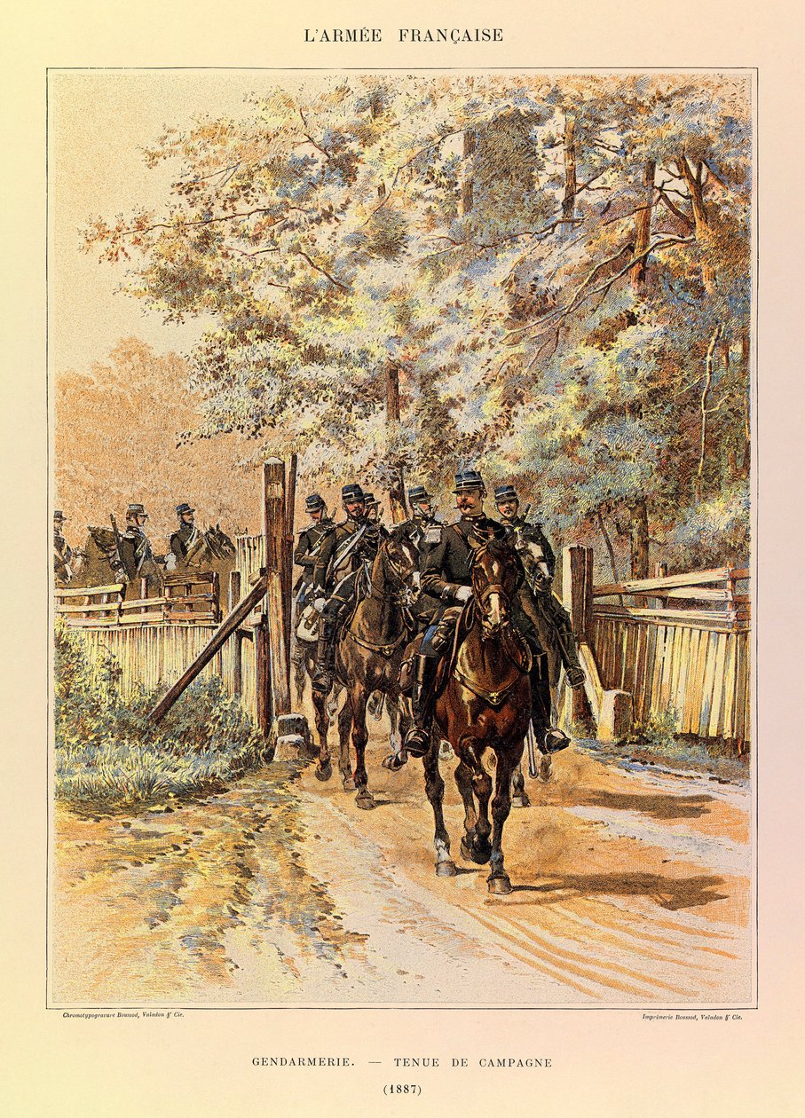 Typy i mundury francuskiego Armee kapitana Julesa Richarda, zilustrowane przez Edouarda Detaille (1848-1912): Żandarmeria w stroju polowym w 1887 r., kolekcja prywatna autorstwa Jean Baptiste Edouard Detaille