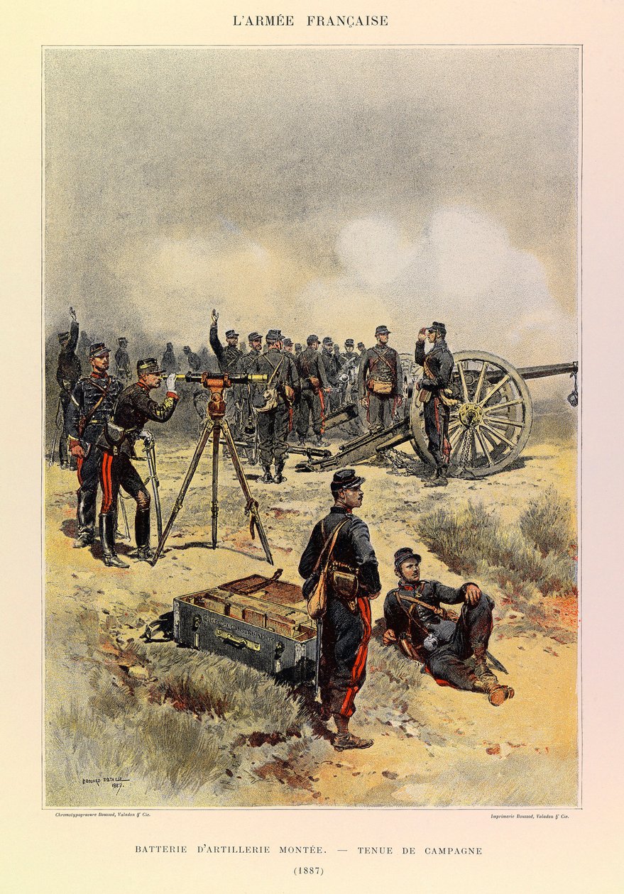 Typy i mundury francuskiego Armee kapitana Julesa Richarda, zilustrowane przez Edouarda Detaille (1848-1912): Bateria artylerii zamontowana w mundurze polowym w 1887 r., Kolekcja prywatna autorstwa Jean Baptiste Edouard Detaille