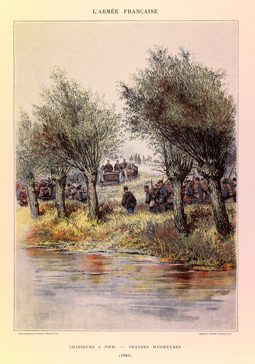 Typy i mundury francuskiego Armee kapitana Julesa Richarda, zilustrowane przez Edouarda Detaille (1848-1912): Łowcy pieszo; wielkie manewry w 1885 r., kolekcja prywatna autorstwa Jean Baptiste Edouard Detaille
