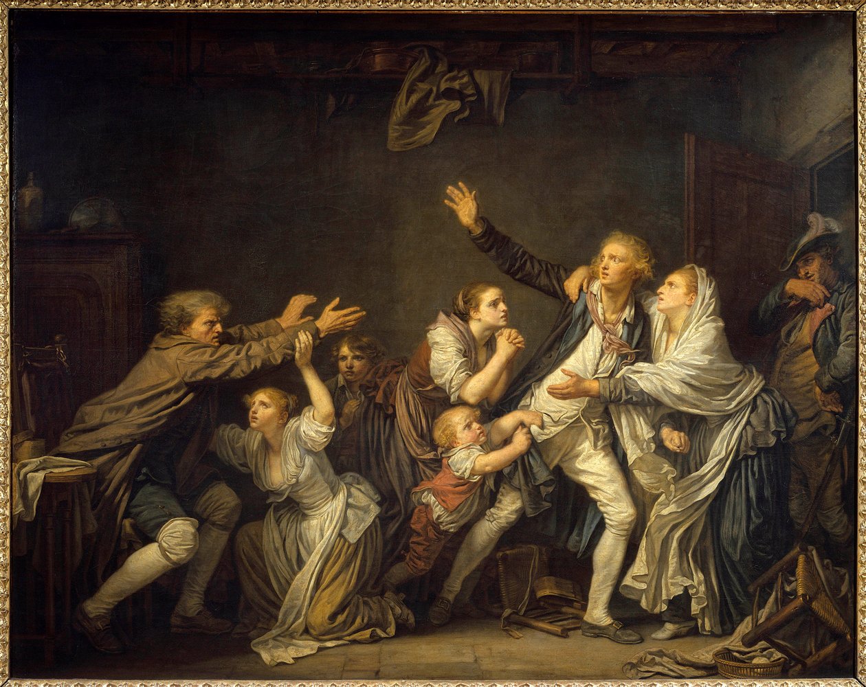 Ojciec zaprzecza, że jego syn został zmuszony do opuszczenia rodzinnego domu. Obraz Jeana Baptiste Greuze (1725-1805) 1777 Nd. 1,30 x 1,62 m² autorstwa Jean Baptiste Greuze