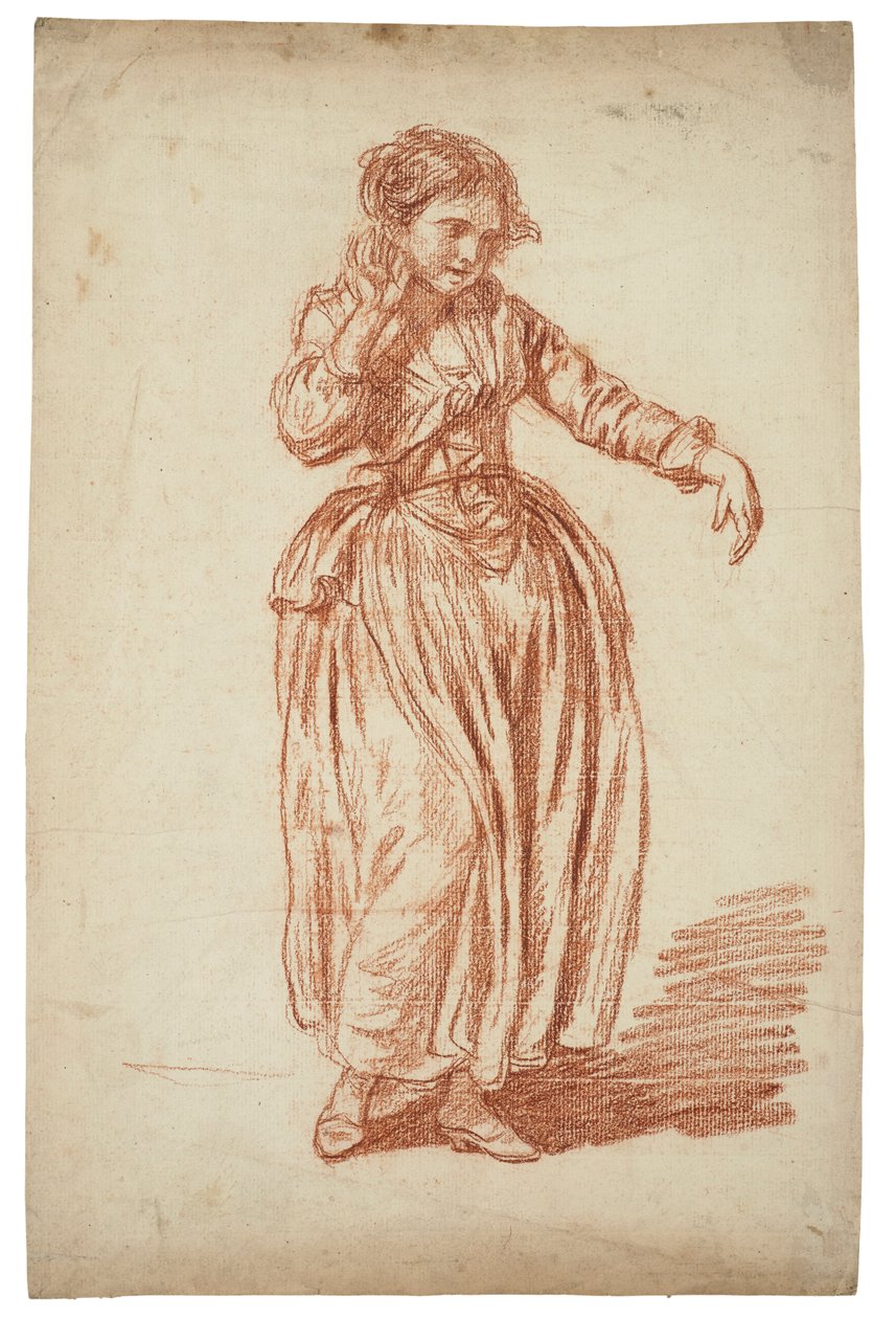 Dziewczyna stoi, prawa ręka na uchu autorstwa Jean Baptiste Greuze