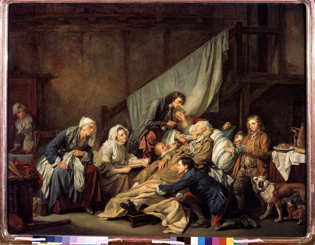 ""Pobożność synowska lub paralityk uratowany przez dzieci"" (Pobożność synowska (Paralityk)) Obraz Jeana Baptiste Greuze (1725-1805) 1763 Wymiary 115x146 cm Ermitaż, Sankt Petersburg autorstwa Jean Baptiste Greuze