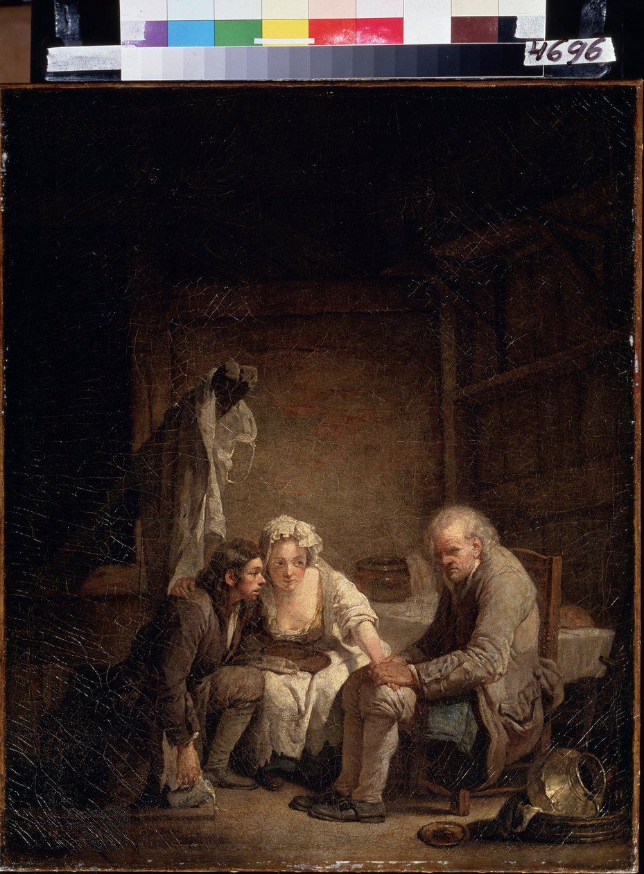 „ „Niewidomy człowiek oszukuje”” (Niewidomy oszukany). Uczciwy człowiek ofiarą oszustwa, oszustwa i braku uczciwości. Obraz Jeana Baptiste Greuze (1725-1805) około 1755 r. Olej na płótnie. Rokoko. Muzeum Puszkina, Moskwa autorstwa Jean Baptiste Greuze