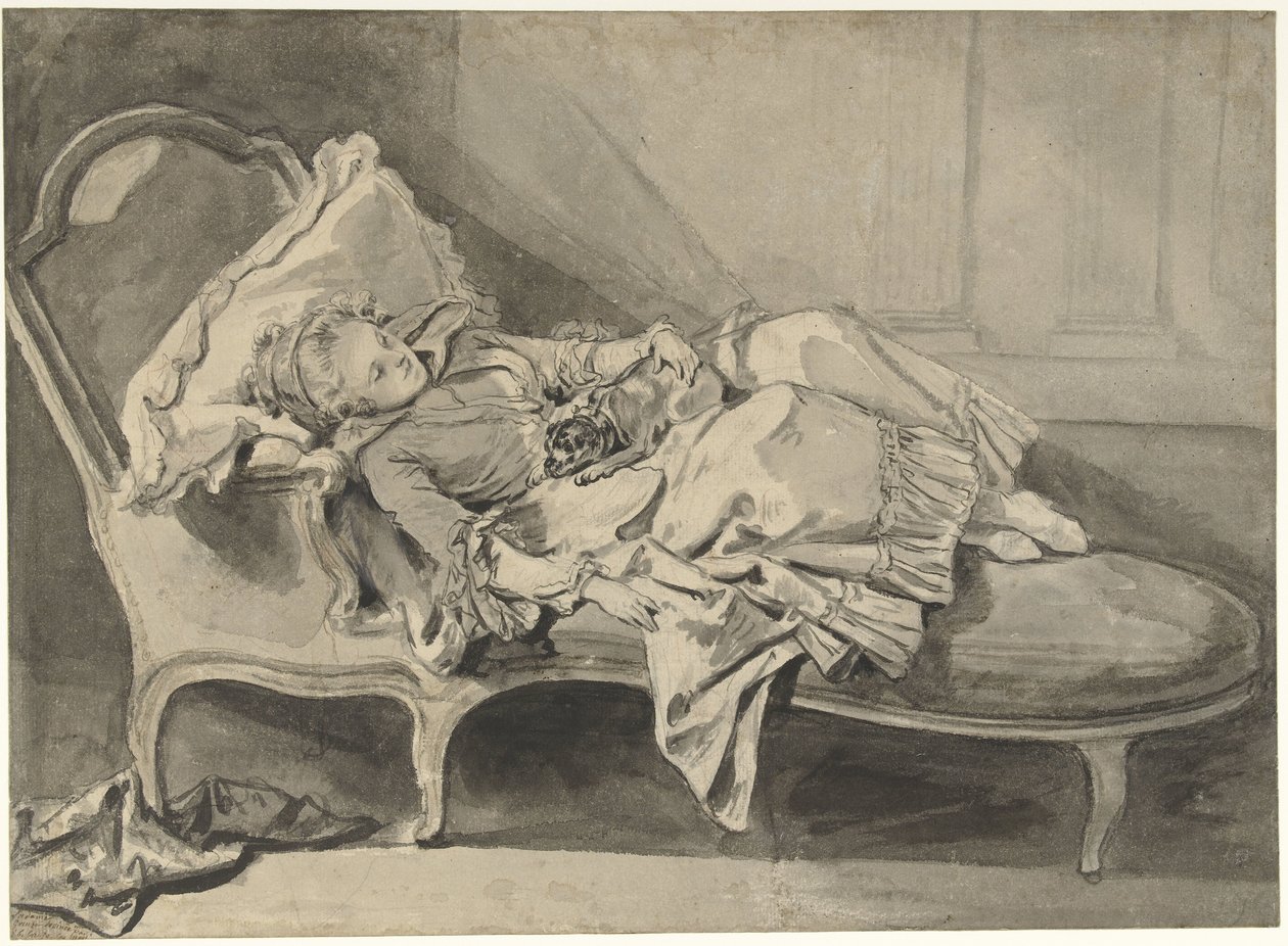 Madame Greuze na szezlongu z psem autorstwa Jean Baptiste Greuze