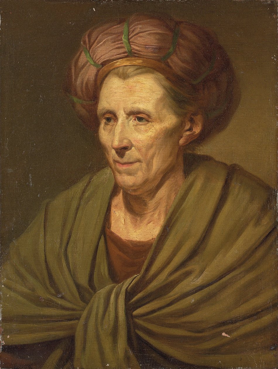 Portret kobiety, do biustu, z brązowym turbanem i zielonym szalem autorstwa Jean Baptiste Greuze