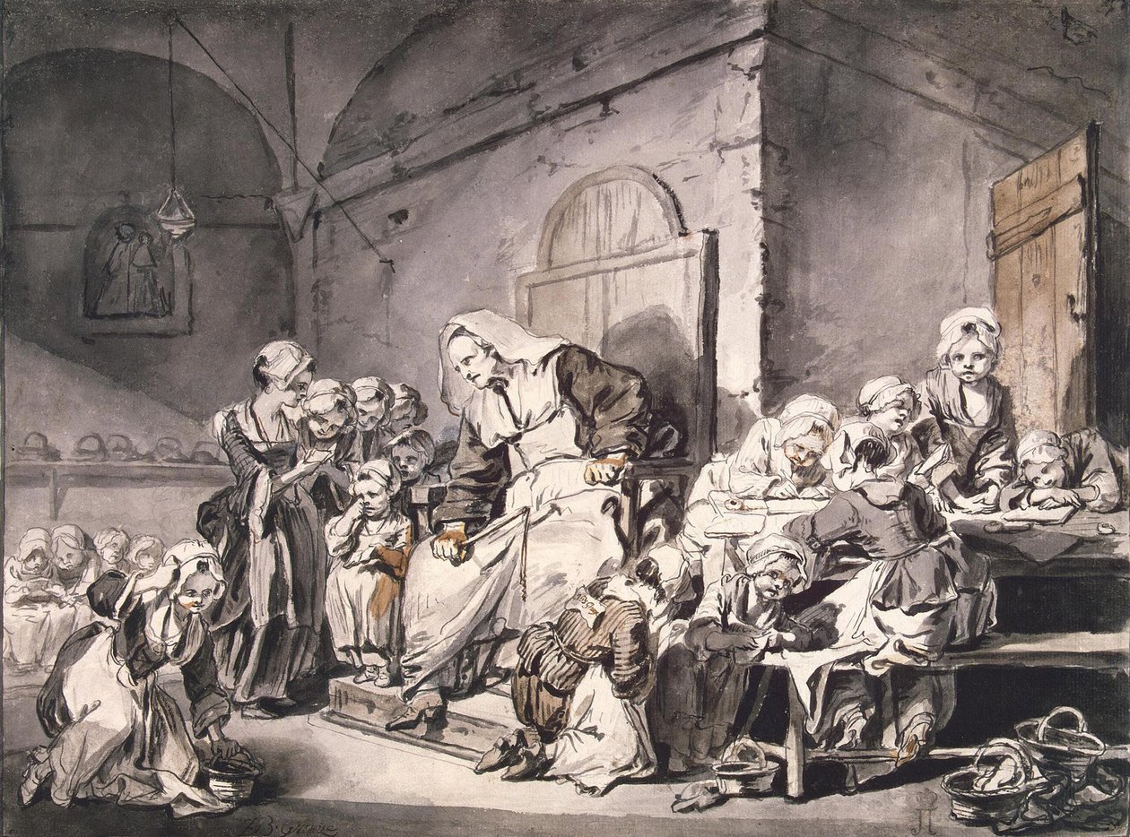 Nauczyciel w szkole par Greuze, Jean-Baptiste (1725-1805). Pióro, pędzel, kolor szaro-brązowy, akwarela na papierze, format : 27,8x33,8, ok. 1764-1765, Państwowy Ermitaż, St. Petersburg autorstwa Jean-Baptiste Greuze