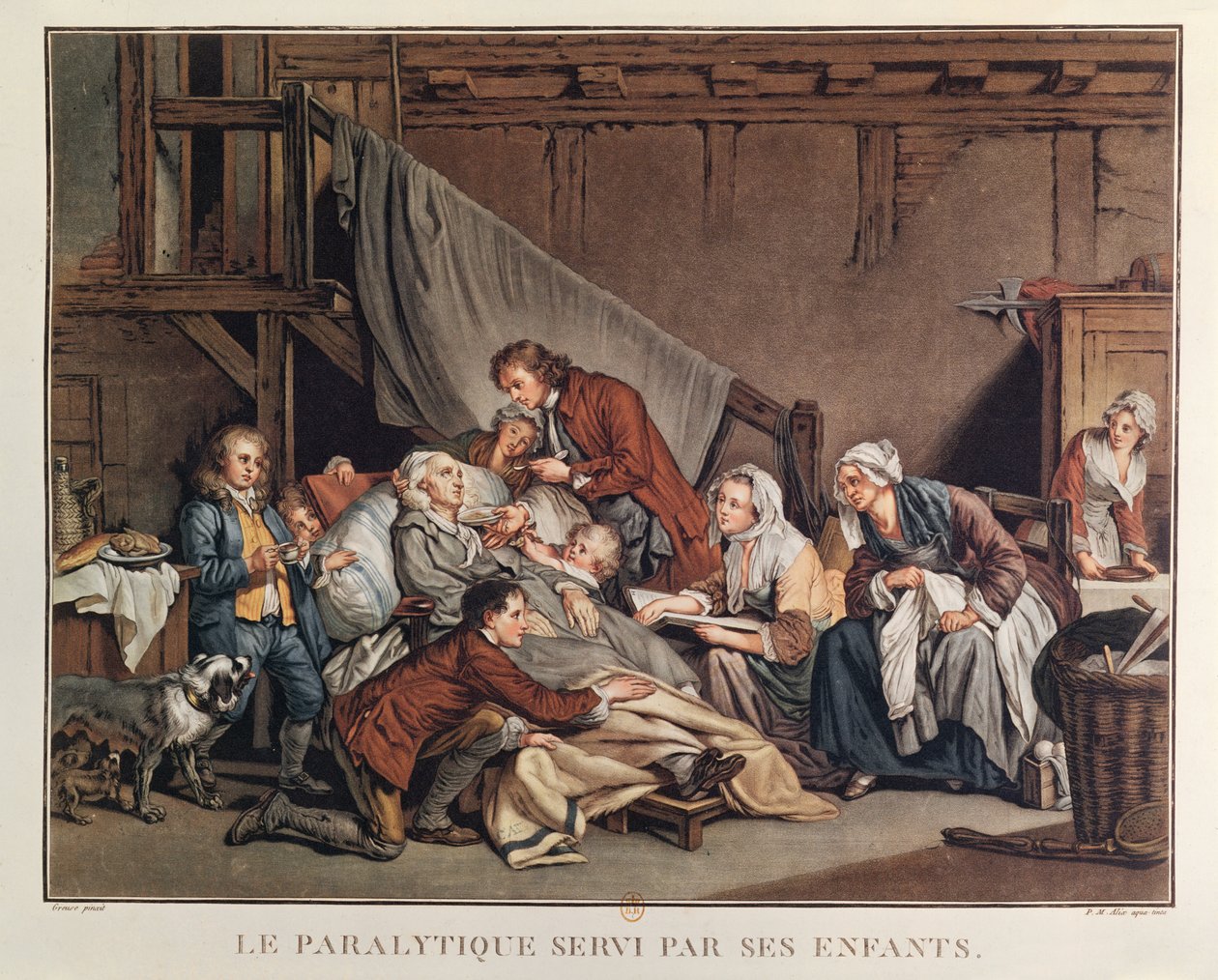 Człowiek sparaliżowany, któremu pomagają dzieci, grawerowane przez Alix, ok. 1800 r. autorstwa Jean Baptiste Greuze