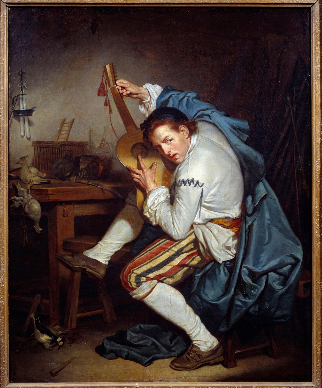 Gitarzysta, czyli ptak, który wracając z polowania obdarowuje swoją gitarę Obraz Jeana Baptiste Greuze (1725-1805) XVIII-wieczne Słońce. 0,71x0,57 m Nantes, Muzeum Sztuk Pięknych autorstwa Jean Baptiste Greuze