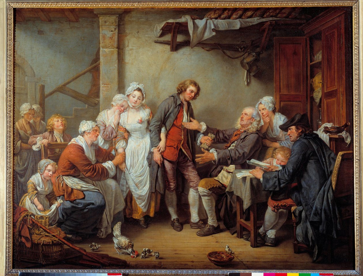 Wiejski akordeon Ojciec panny młodej daje dote swojemu zięciowi. Obraz Jeana Baptiste Greuze (1725-1805). 1761 niedz. 0,92 x 1,17 m. autorstwa Jean Baptiste Greuze