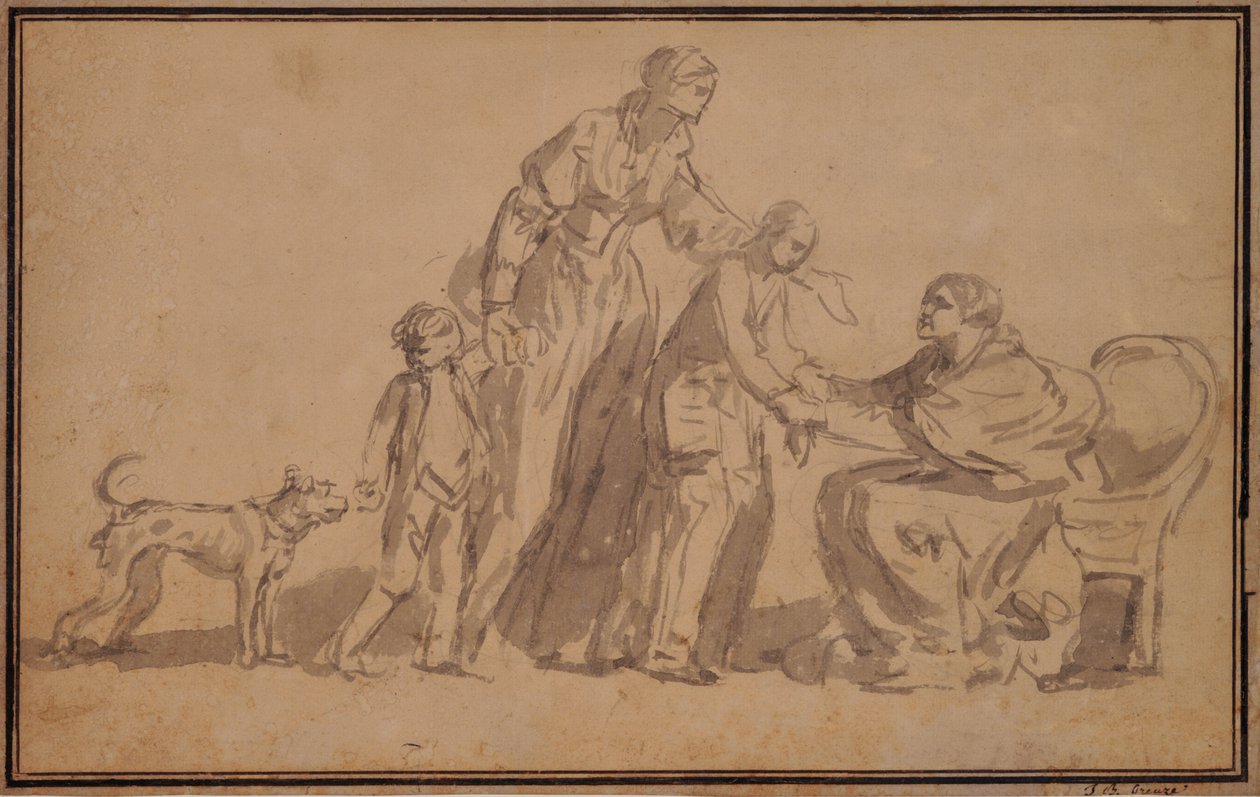 Dwoje dzieci i matka witane przez starą pielęgniarkę autorstwa Jean Baptiste Greuze