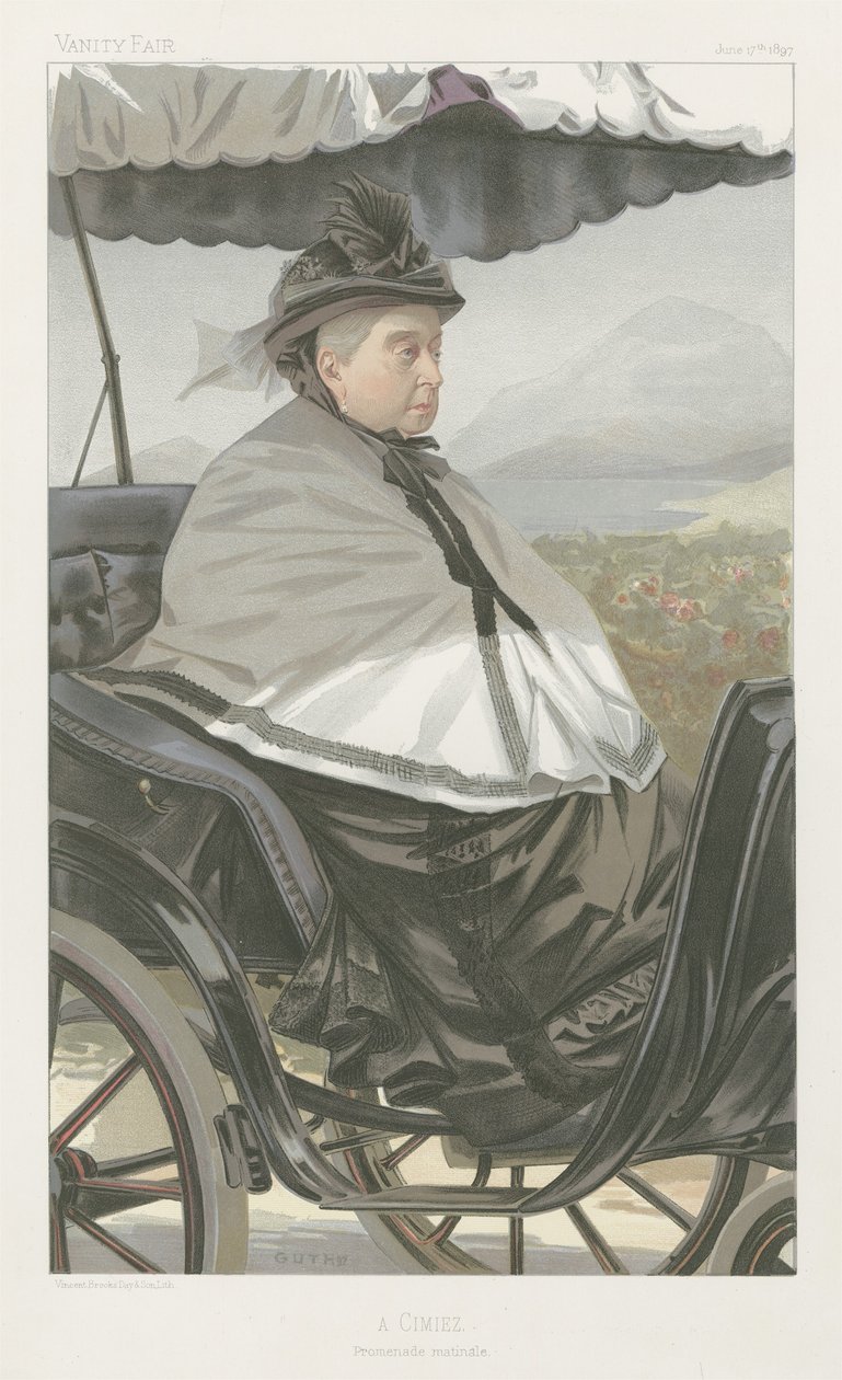 Targi próżności: Royalty; „A Cimiez, poranny spacer, królowa Wiktoria, 17 czerwca” autorstwa Jean Baptiste Guth