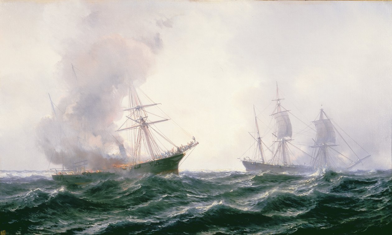 Statek w ogniu na morzu, z innym stojącym obok autorstwa Jean Baptiste Henri Durand Brager