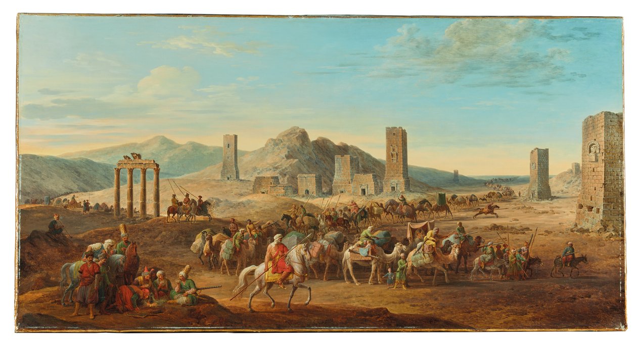 Dwie karawany przy wejściu do doliny prowadzącej do Palmyra autorstwa Jean Baptiste Hilair