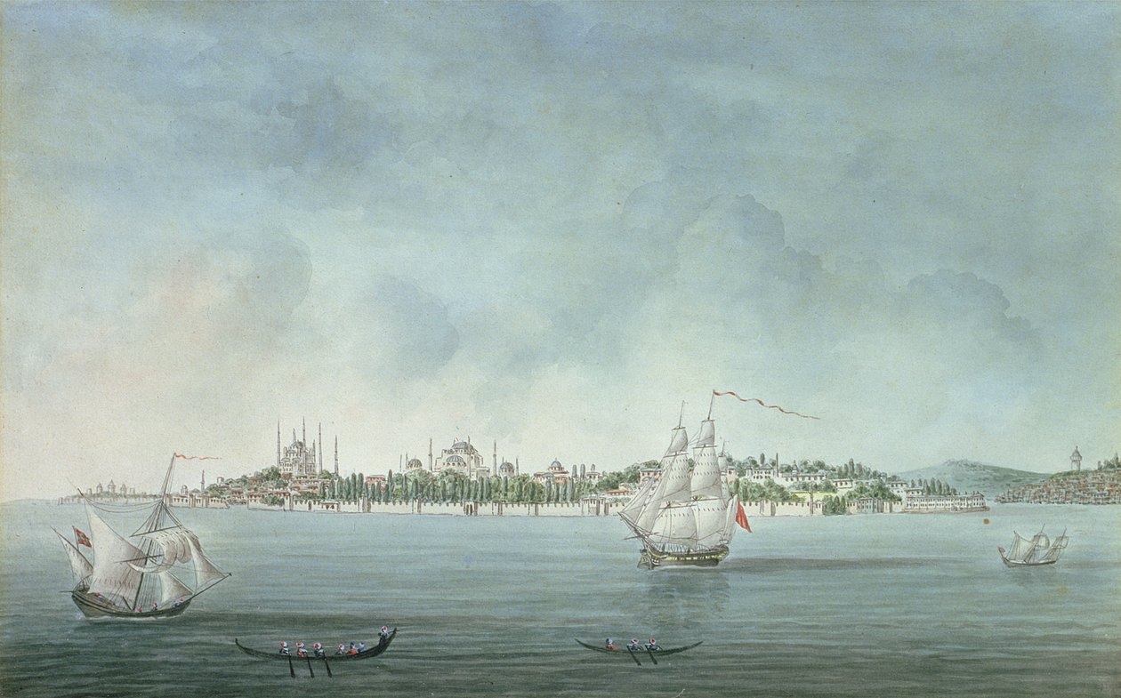 Widok sułtana Ahmeta i Santa Sophia z Uskudar w Konstantynopolu autorstwa Jean Baptiste Hilair
