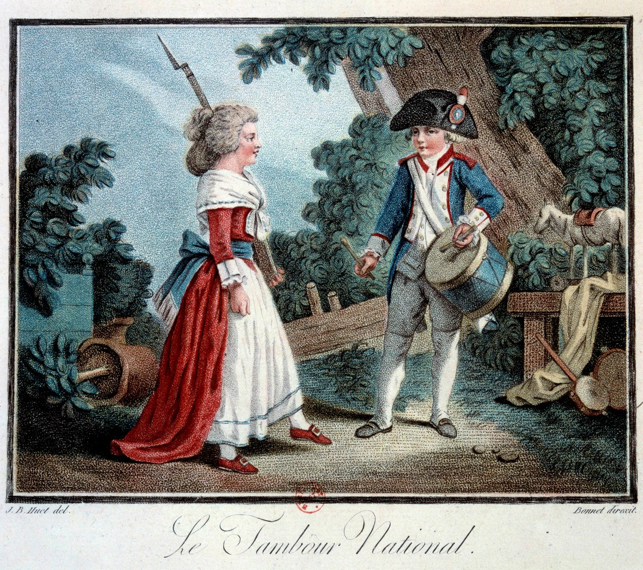 Rewolucja francuska: „Le tambour national”” Dwoje małych dzieci przebiera się za rewolucjonistów. Litografia Jean Baptiste Huet (1745-1811) XVIII-wieczny Paryż, Sztuka dekoracyjna autorstwa Jean Baptiste Huet