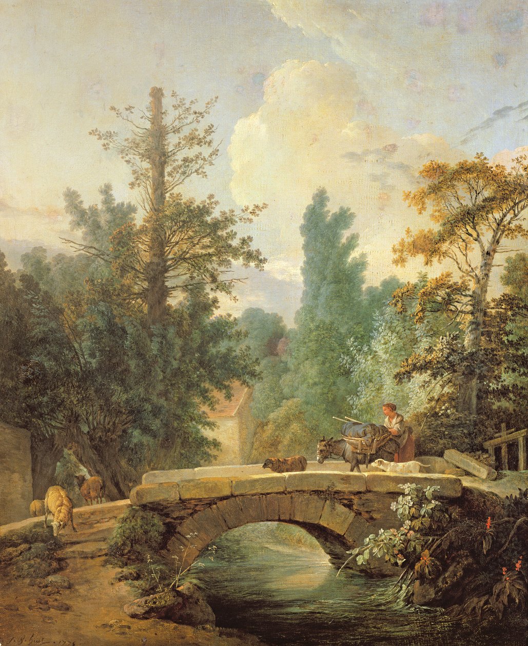 Chłop i jej osioł przechodzący przez most, 1775 autorstwa Jean Baptiste Huet