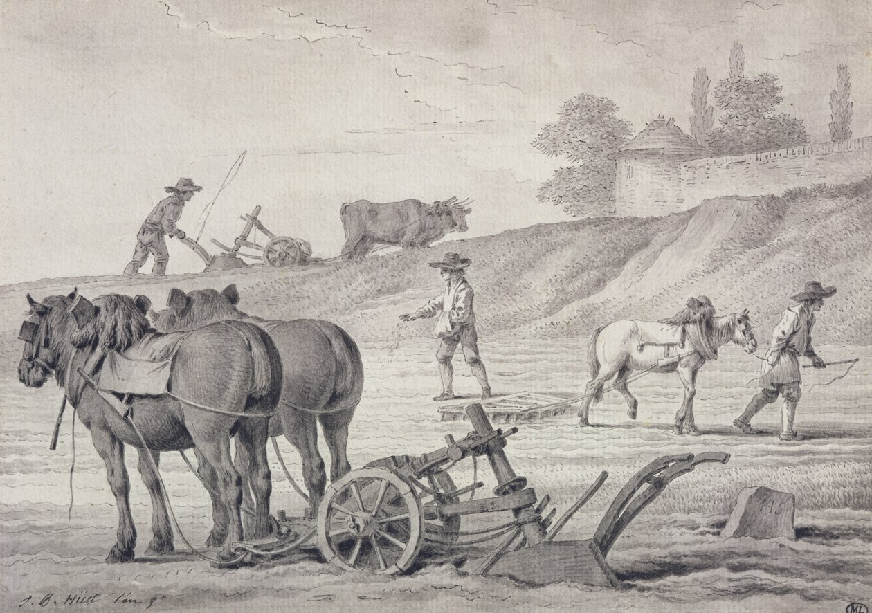 Oranie pól (pióro i atrament i pranie na papierze) autorstwa Jean Baptiste Huet