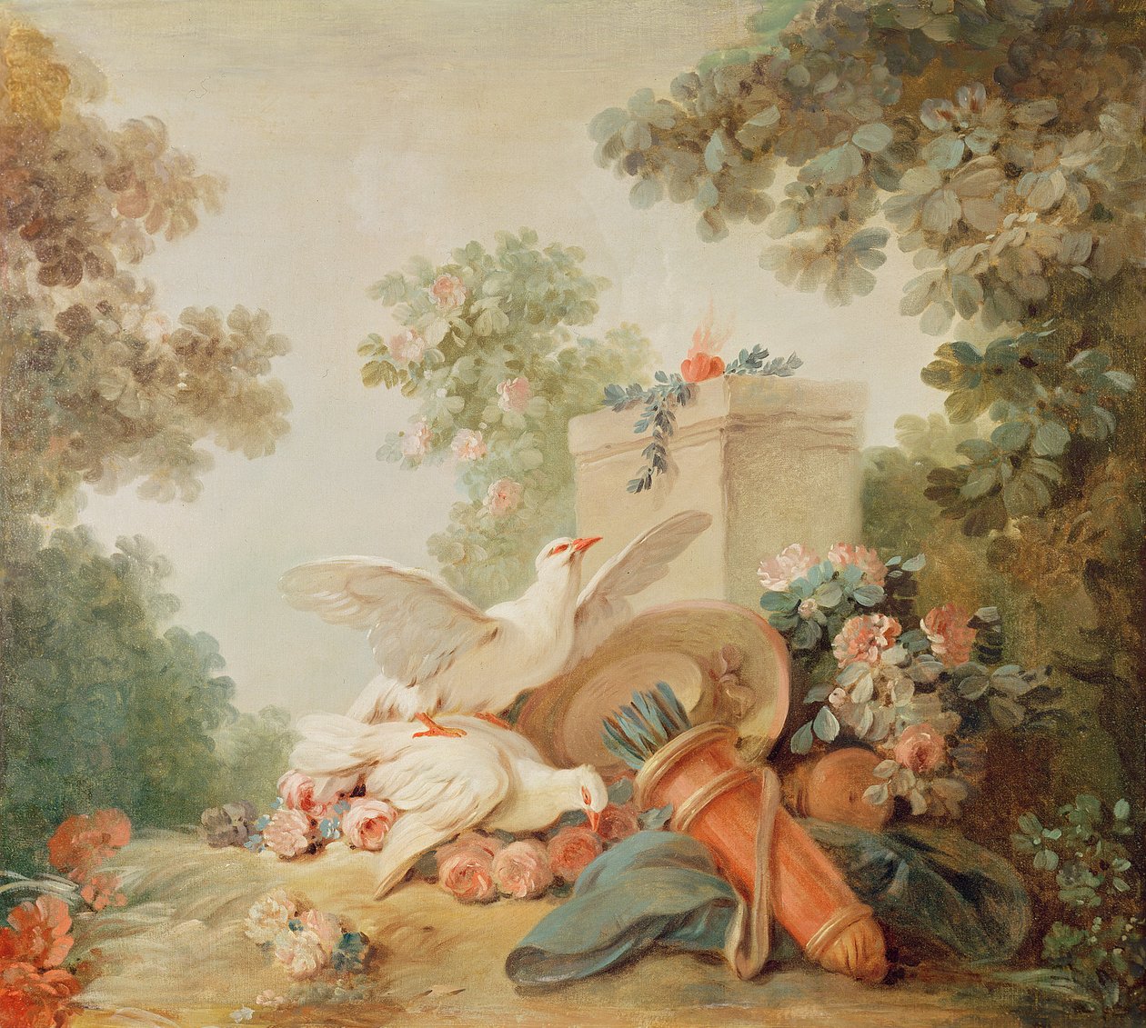 Salon Drukarza Gillesa Demarteau, nad drzwiami: gołębie, kołczan i słomkowy kapelusz, ok. 1750-65 autorstwa Jean Baptiste Huet