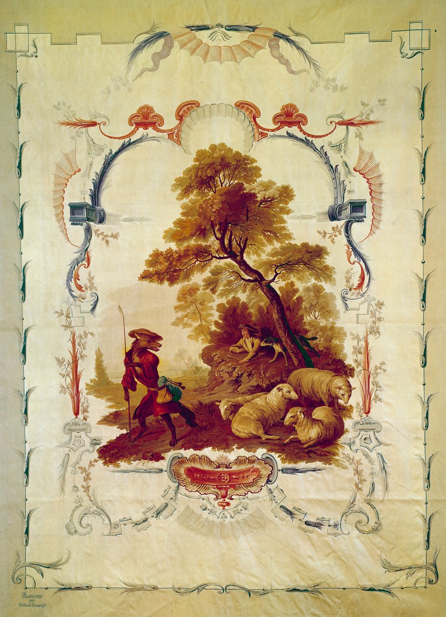 Wilk został pasterzem Ilustracja do bajki Jeana de La Fontaine. Gobelin Jeana Baptiste Hueta (1745-1811) wykonany w manufakturze Beauvais. XVIII-wieczny Paryż, meble narodowe. autorstwa Jean Baptiste Huet