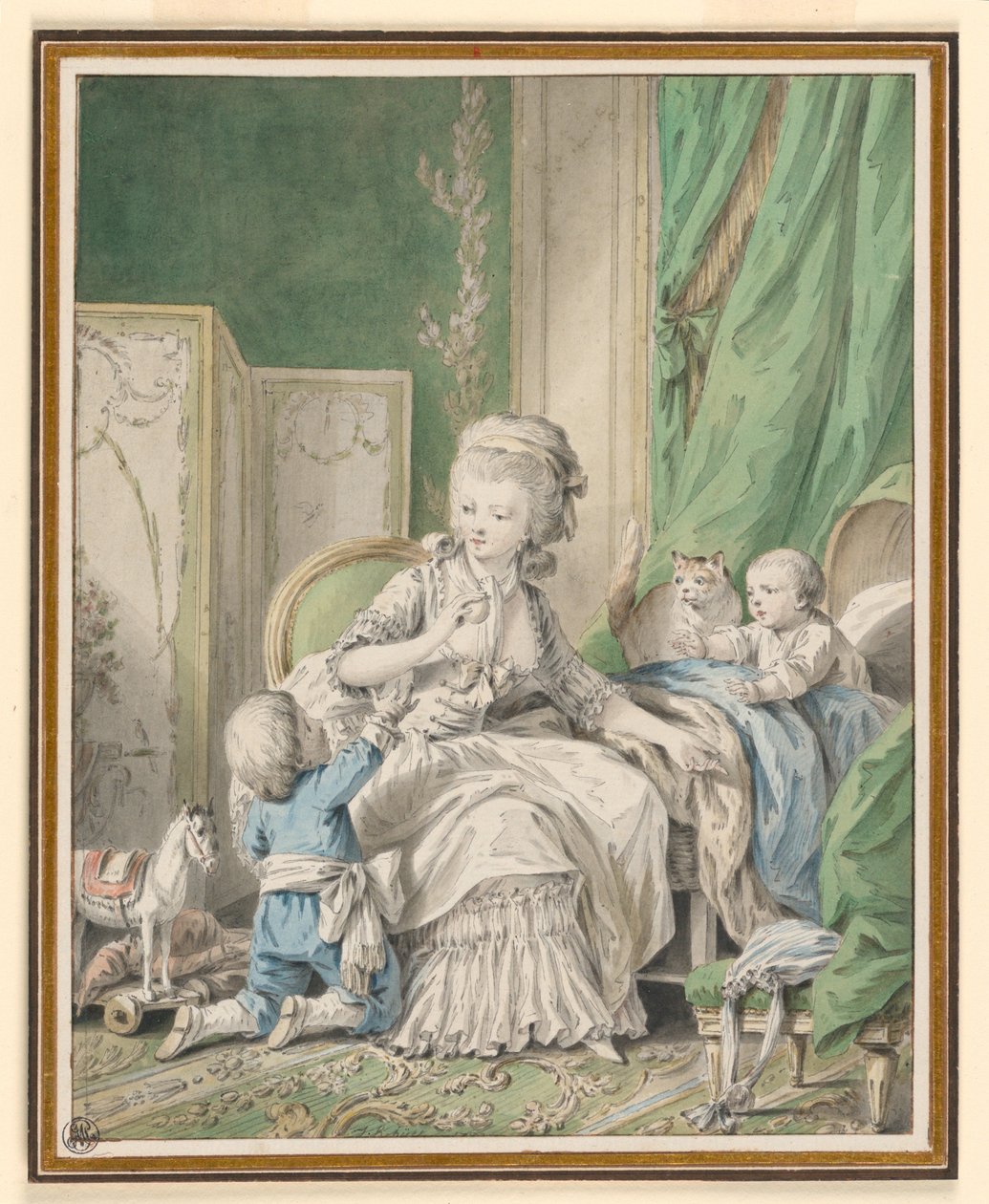 Rysunek Matka i dwoje dzieci w buduarze, prawdopodobnie 1782 r. autorstwa Jean Baptiste Huet