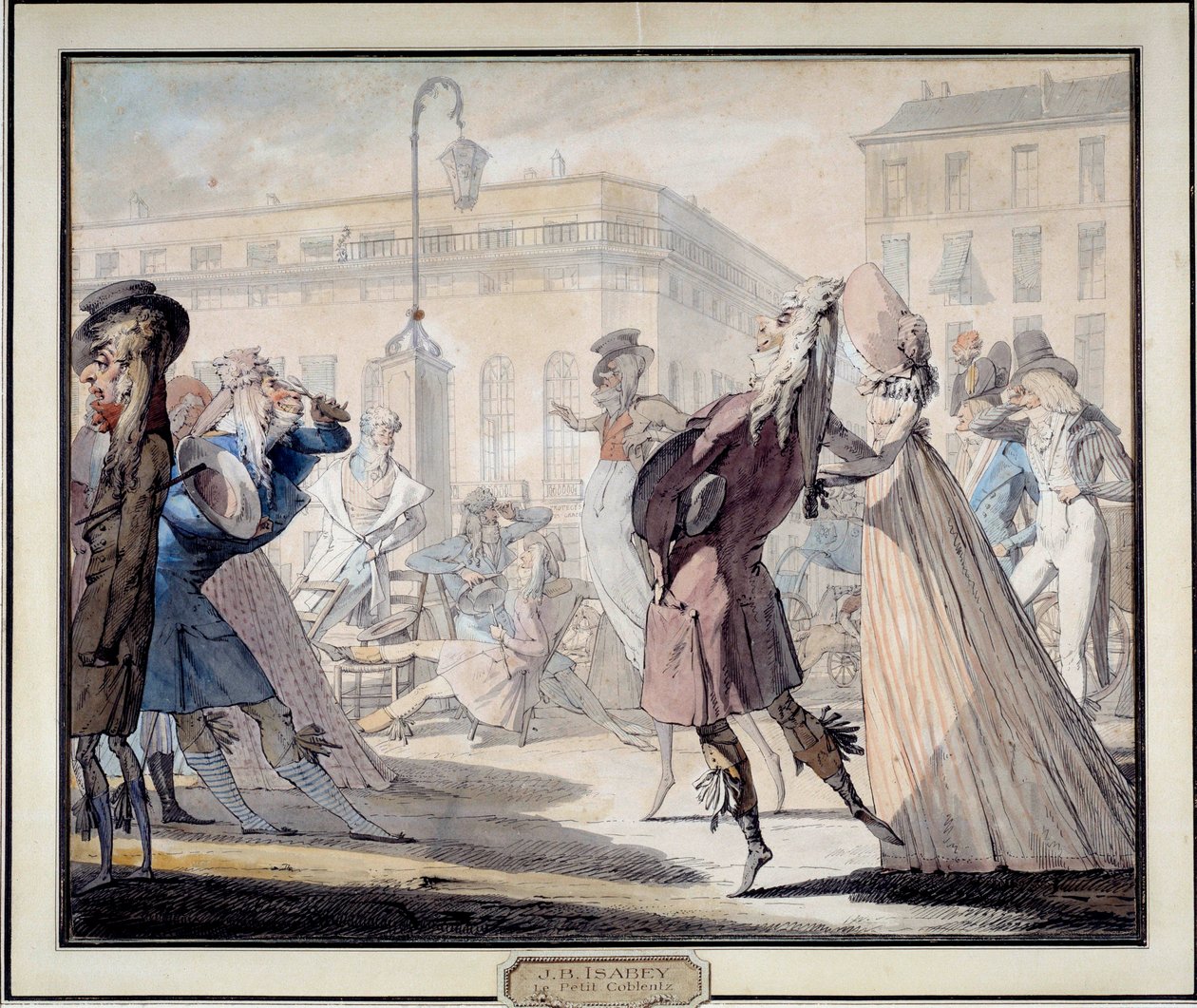 Moda w czasach rewolucji francuskiej: „Mały Koblencja” To był bardzo renomowany salon pod zarządem. Litografia satyryczna Jean Baptiste Isabey (1767-1855) 1789. Musee Carnavalet, Paryż autorstwa Jean Baptiste Isabey