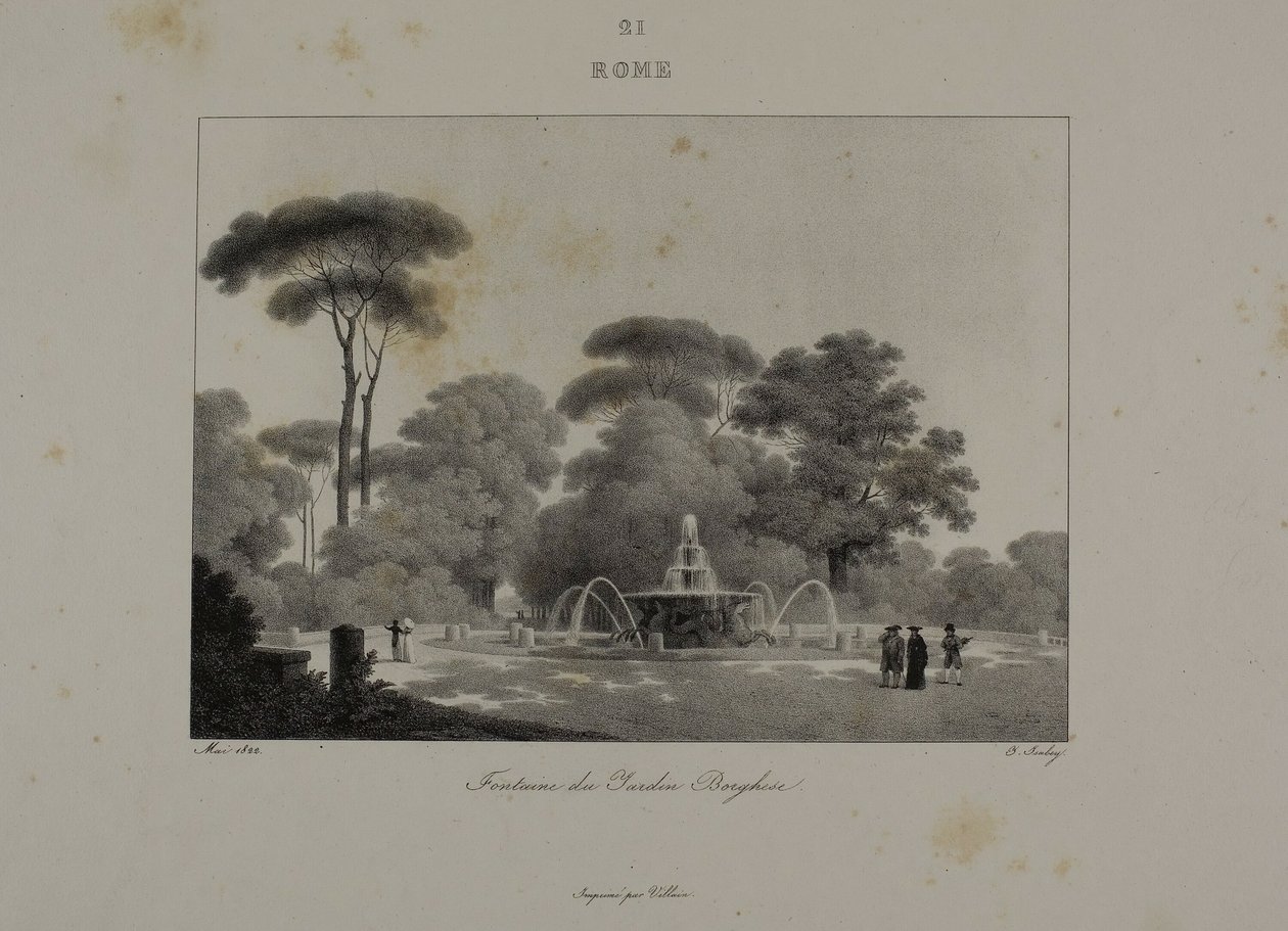 Fontanna w ogrodzie Villa Borghese, Rzym autorstwa Jean Baptiste Isabey