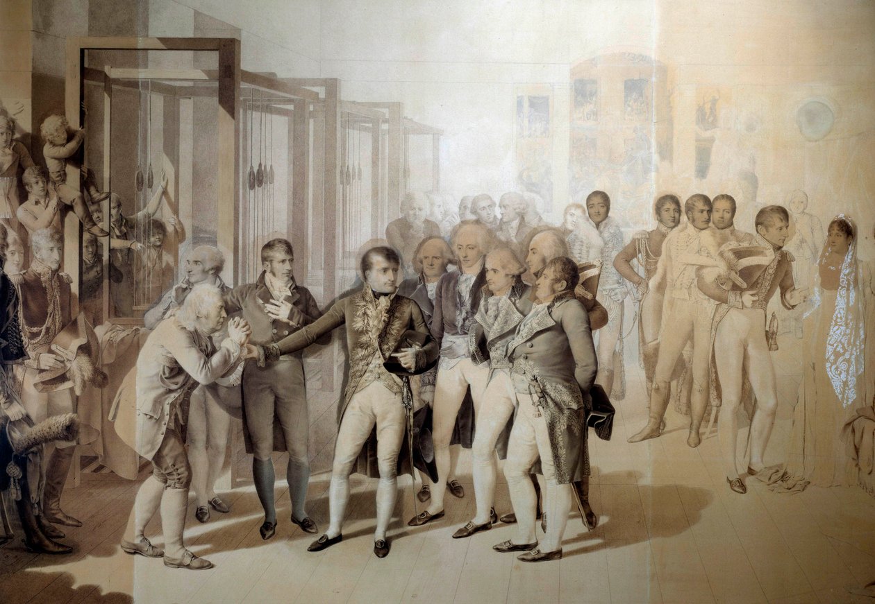 Napoleon Bonaparte (1769-1821), Pierwszy Konsul, w obecności Josephine de Beauharnais, zwiedza fabrykę aksamitu braci Sevene w Rouen, listopad 1802 Rysunek w praniu Jeana Baptiste Isabey (1767-1855) 1804 Nd. 1,24x1,76 m Wersal, mu autorstwa Jean Baptiste Isabey