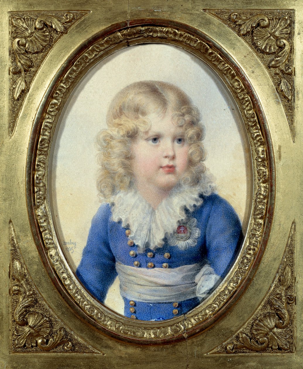 Król Rzymu i książę Parmy Napoleon II, książę Reichstadt (1811-1832) syn cesarza Napoleona I (1769-1821) w niebieskiej sukience”” Akwarela autorstwa Johna Baptiste Isabey (1767-1855) 1815 nd. 0,1x0,14 m Malmaison, muzeum zamkowe autorstwa Jean Baptiste Isabey