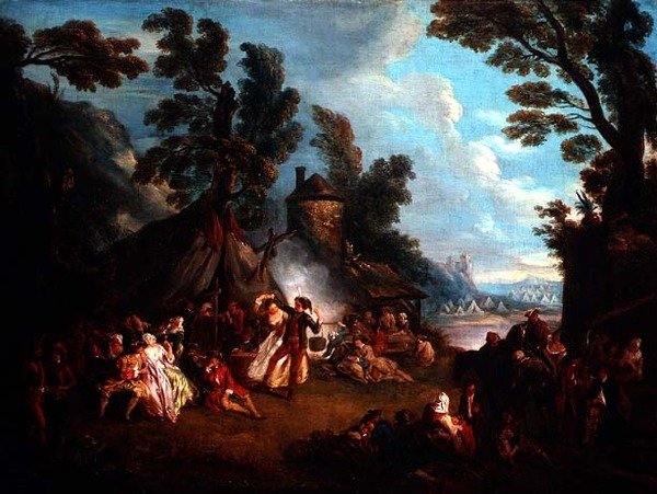 Impreza w obozie wojskowym autorstwa Jean Baptiste Joseph attr. to Pater