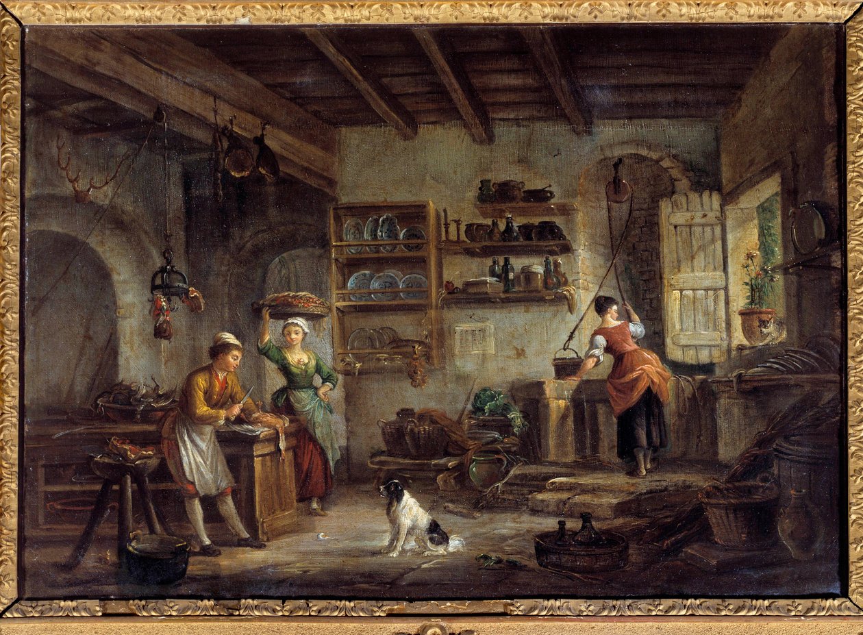 Wnętrze kuchni Kucharki i pokojówki przygotowujące posiłki mistrza. Obraz Jeana Baptiste Lallemanta (1710-1803) XVIII-wieczny Bourg en bresse, Musee de Brou autorstwa Jean Baptiste Lallemand