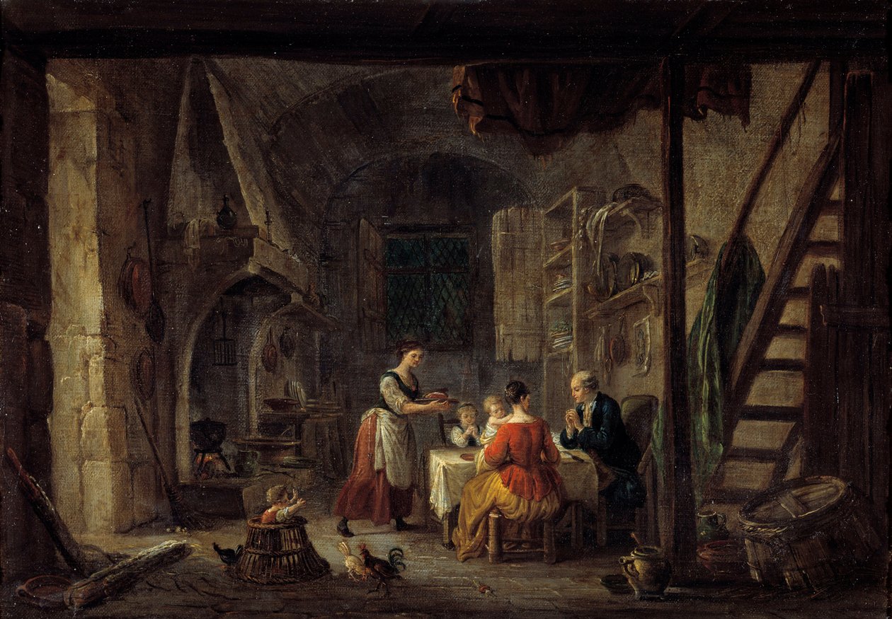 Scena benedyktycka posiłku w rodzinie chłopskiej, modlitwa. Obraz Jeana Baptiste Lallemanta (1710-1803) XVIII-wieczny Bourg en bresse, Musee de Brou autorstwa Jean Baptiste Lallemand