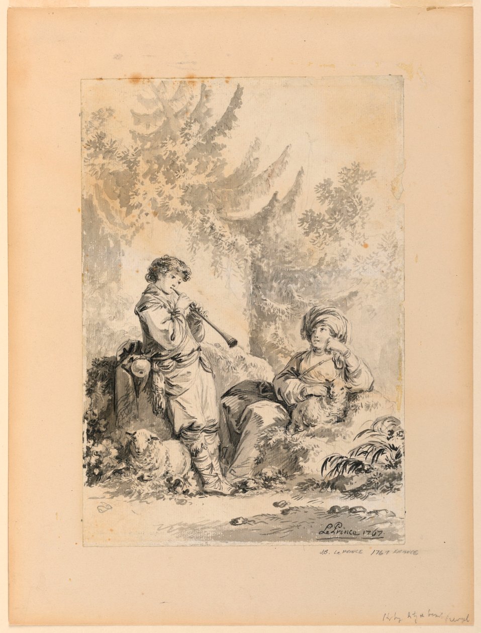 Rysunek, Pasterz i pasterka na tle krajobrazu, 1767 autorstwa Jean Baptiste Le Prince