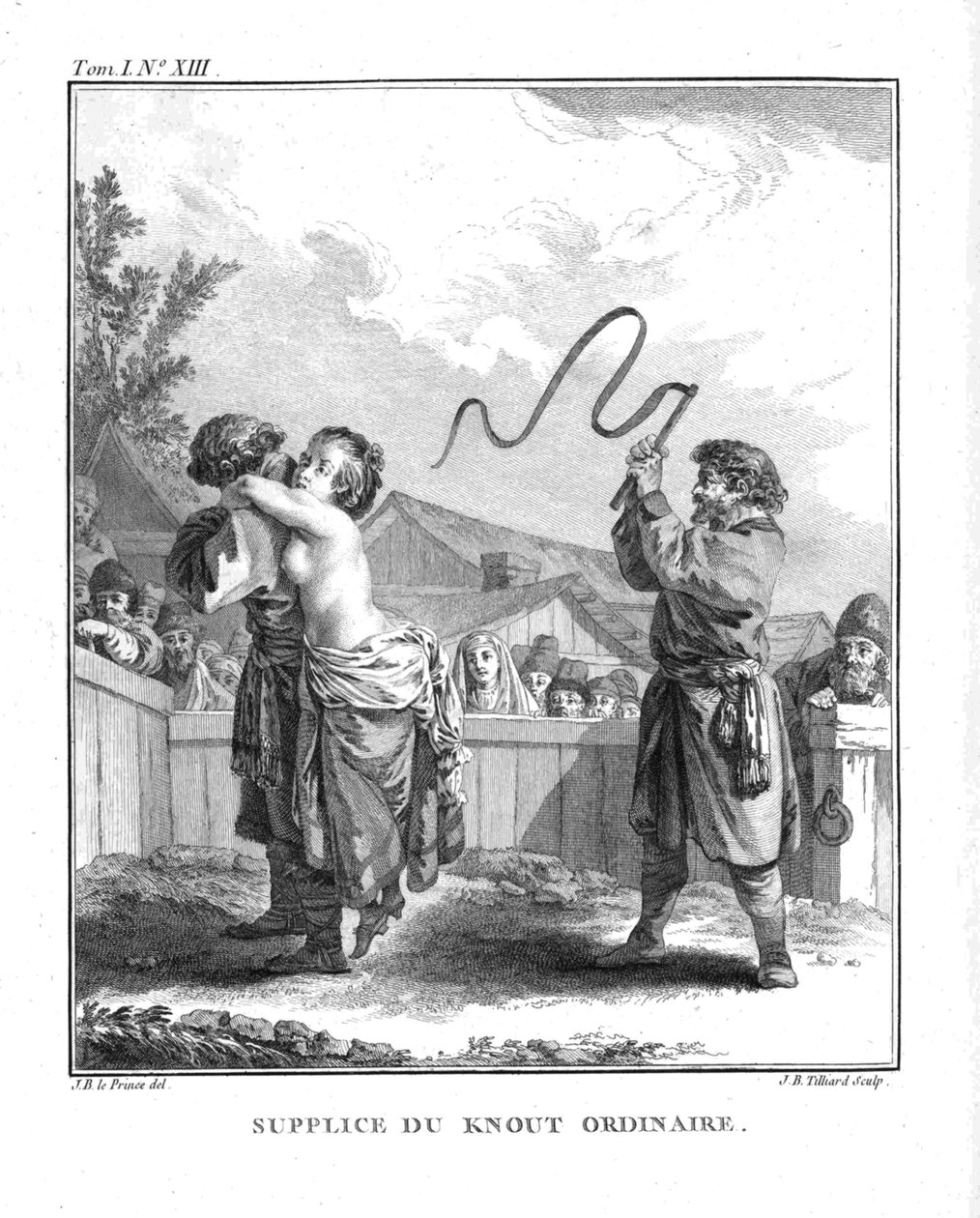 Kara Natalii Fiodorovnej Lopukhina zwykłym knutem. Z Voyage en Sibérie, 1766 autorstwa Jean Baptiste Le Prince