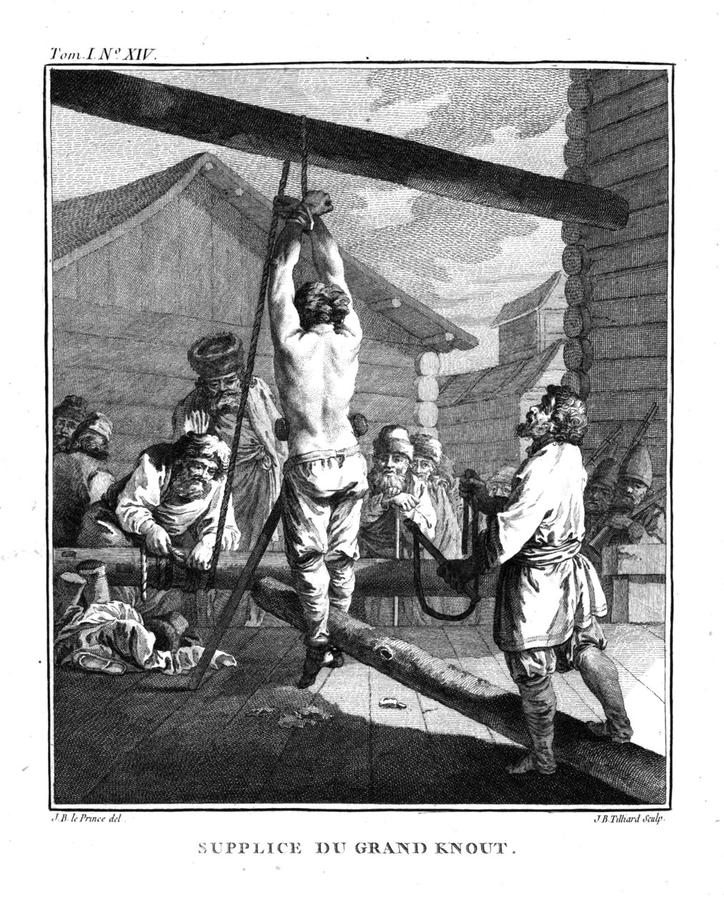 Kara Wielkim Knoutem. Z Voyage en Sibérie, 1766 autorstwa Jean Baptiste Le Prince