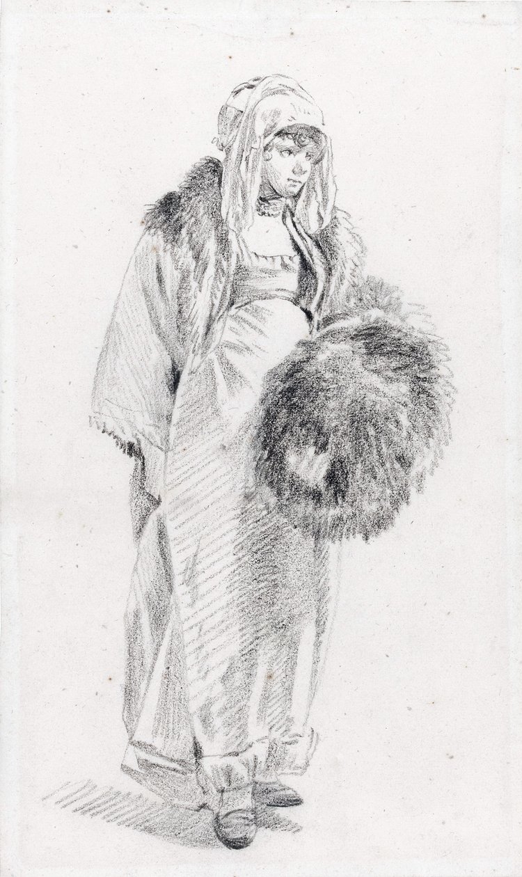 Rosjanka w futrzanej mufce par Le Prince, Jean-Baptiste (1734-1781), Między 1758 a 1761 - Czarna kreda na papierze, 22,9x13,8 - Kolekcja prywatna autorstwa Jean Baptiste Le Prince