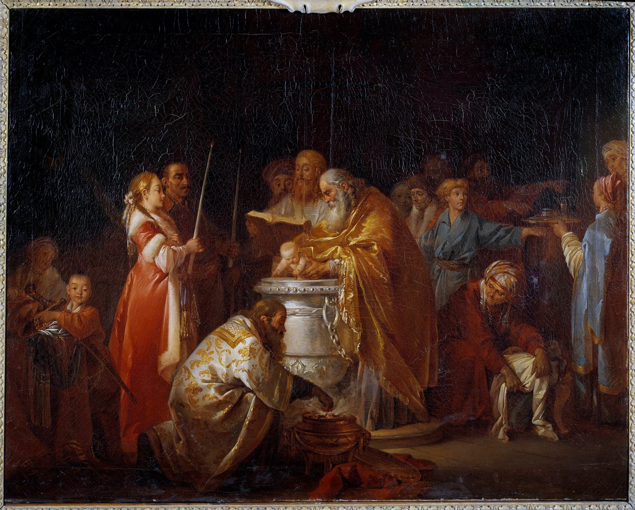 Chrzest rosyjski Prawosławny papież chrzci dziecko na oczach rodziców. Obraz Jeana Baptiste Leprince (1733-1781) 1765 Nd. 0,73x0,92 m² autorstwa Jean Baptiste Leprince