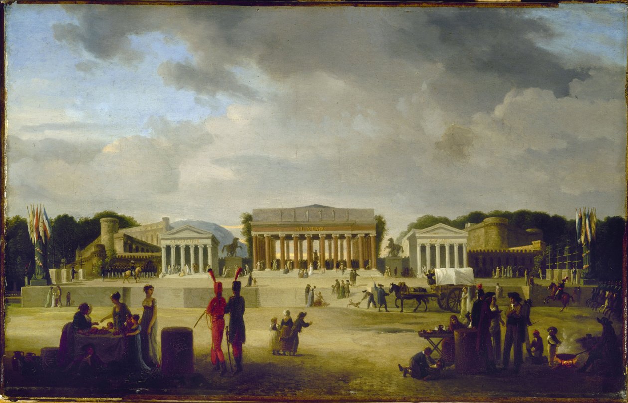 Vue du grand théâtre élevé sur la place de la Concorde pour la fête de la Paix, le 18 brumaire, an X (9 novembre 1801), 1801 (olej na drewnie) autorstwa Jean Baptiste Louis Cazin