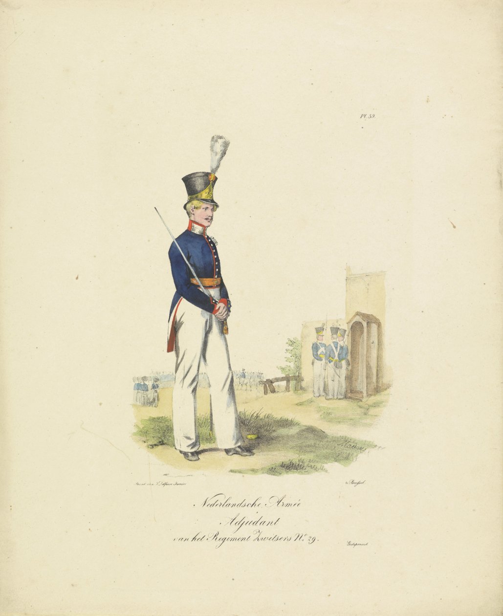 adiutant pułku szwajcarskiego, 1820-1825 Nederlandsche Armée Adiutant pułku Swiss No. 29 (tytuł na obiekcie) Stroje wojskowe Królestwa Niderlandów. Dedykowane Jego Ekscelencji Willemowi van Bylandtowi (tytuł serii o obiekcie) autorstwa Jean Baptiste Madou