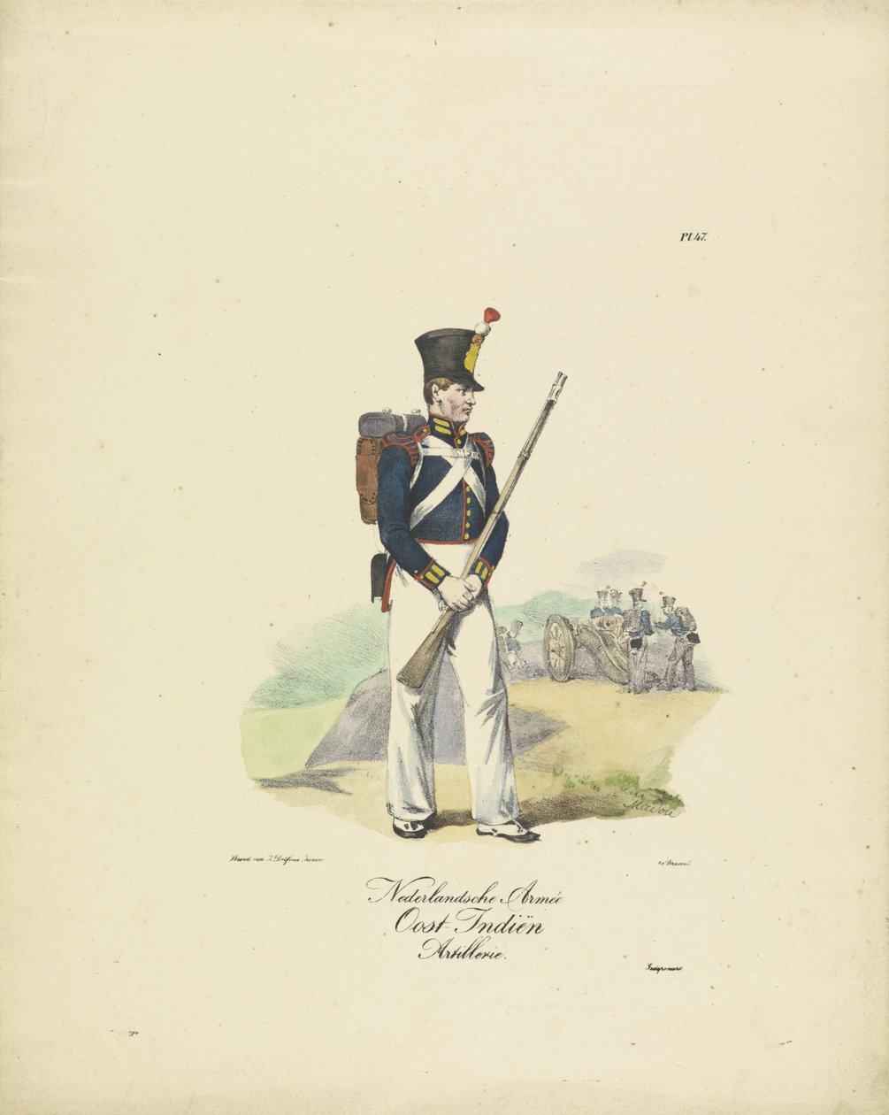 Artylerzysta armii Holenderskich Indii Wschodnich, 1820-1825 Holenderska artyleria Armée East Indies (tytuł na obiekcie) Stroje wojskowe Królestwa Niderlandów. Dedykowane Jego Ekscelencji Willemowi van Bylandtowi (tytuł serii na obiekcie) autorstwa Jean Baptiste Madou