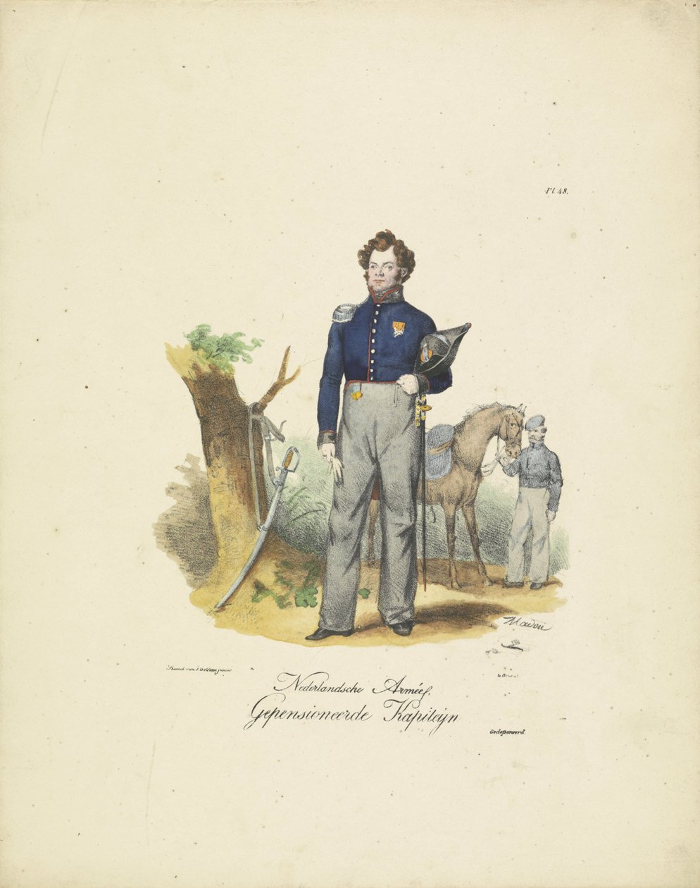 Kapitan w stanie spoczynku, 1820-1825 Nederlandsche Armée, Emerytowany Kapiteyn (tytuł na obiekcie) Stroje wojskowe Królestwa Niderlandów. Dedykowane Jego Ekscelencji Willemowi van Bylandtowi (tytuł serii na obiekcie) autorstwa Jean Baptiste Madou